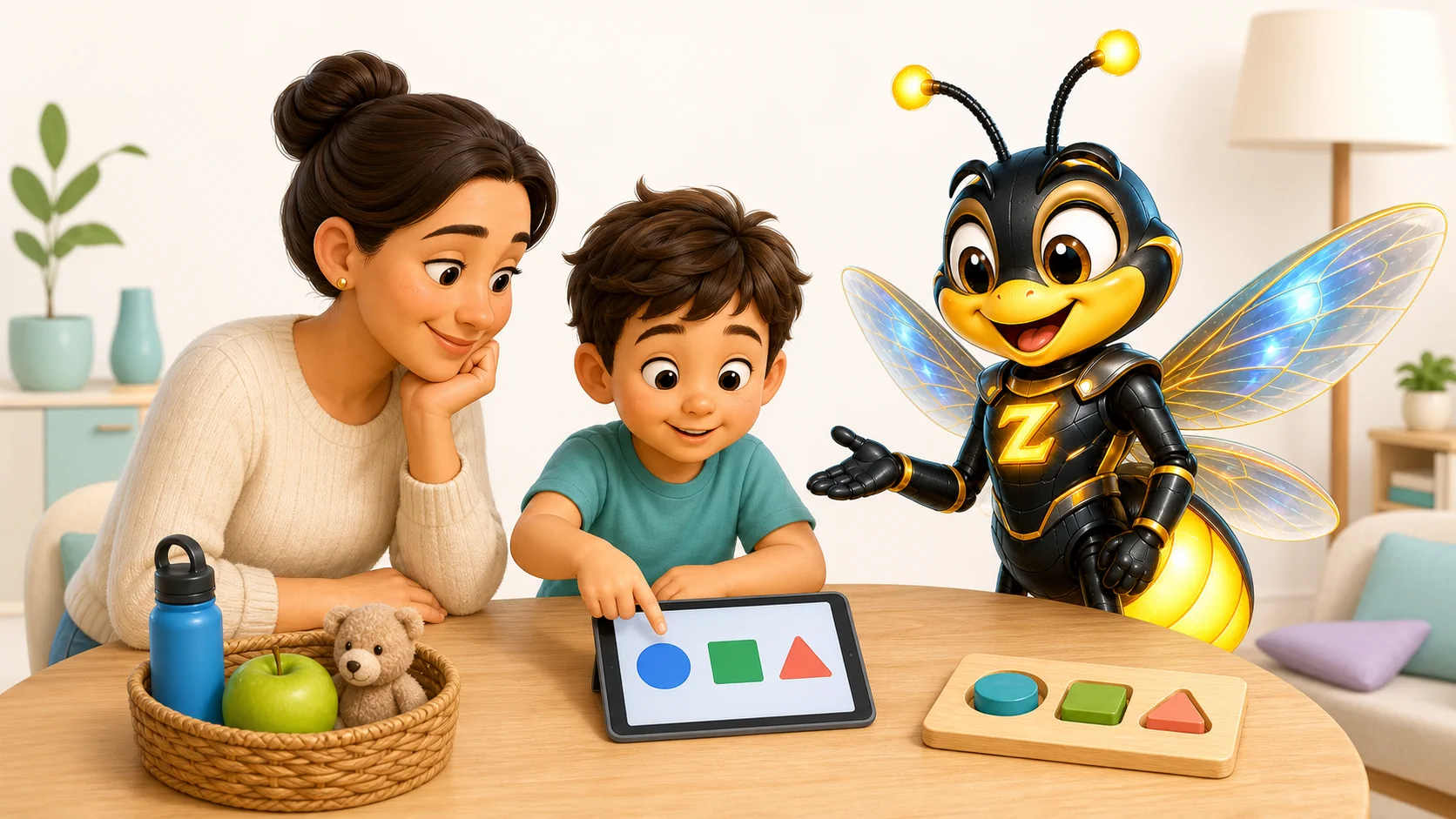 הורה וילד בוחרים פעילות ביתית קצרה לצד דמות Zivaro