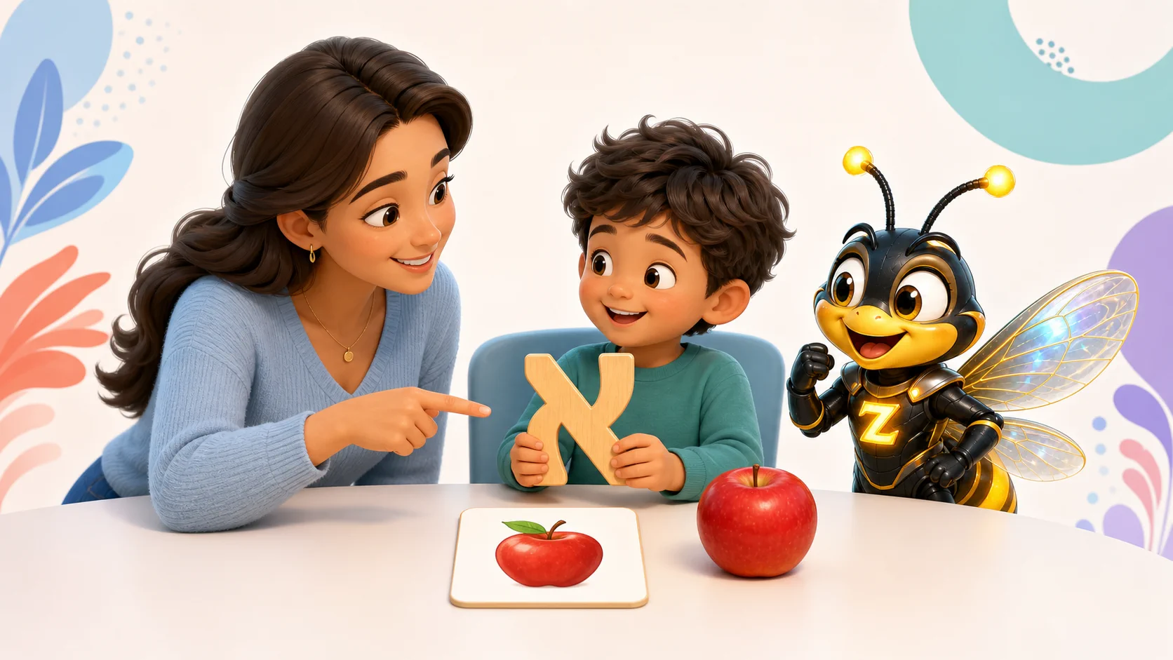 הורה וילד מגלים אות עברית אחת דרך תמונה וחפץ לצד דמות Zivaro