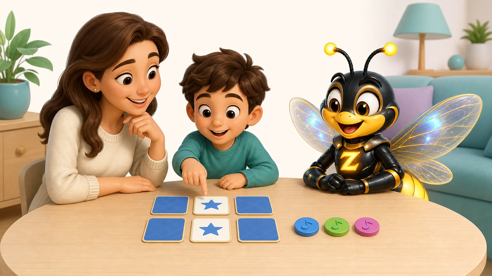 הורה וילד משחקים בזוגות זיכרון לצד דמות Zivaro