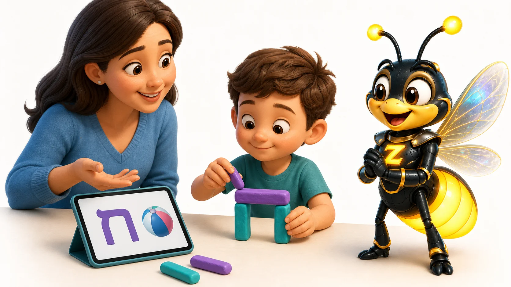 ילד בונה אות מחומרי יצירה אחרי פעילות Zivaro והורה נותן רמז קצר