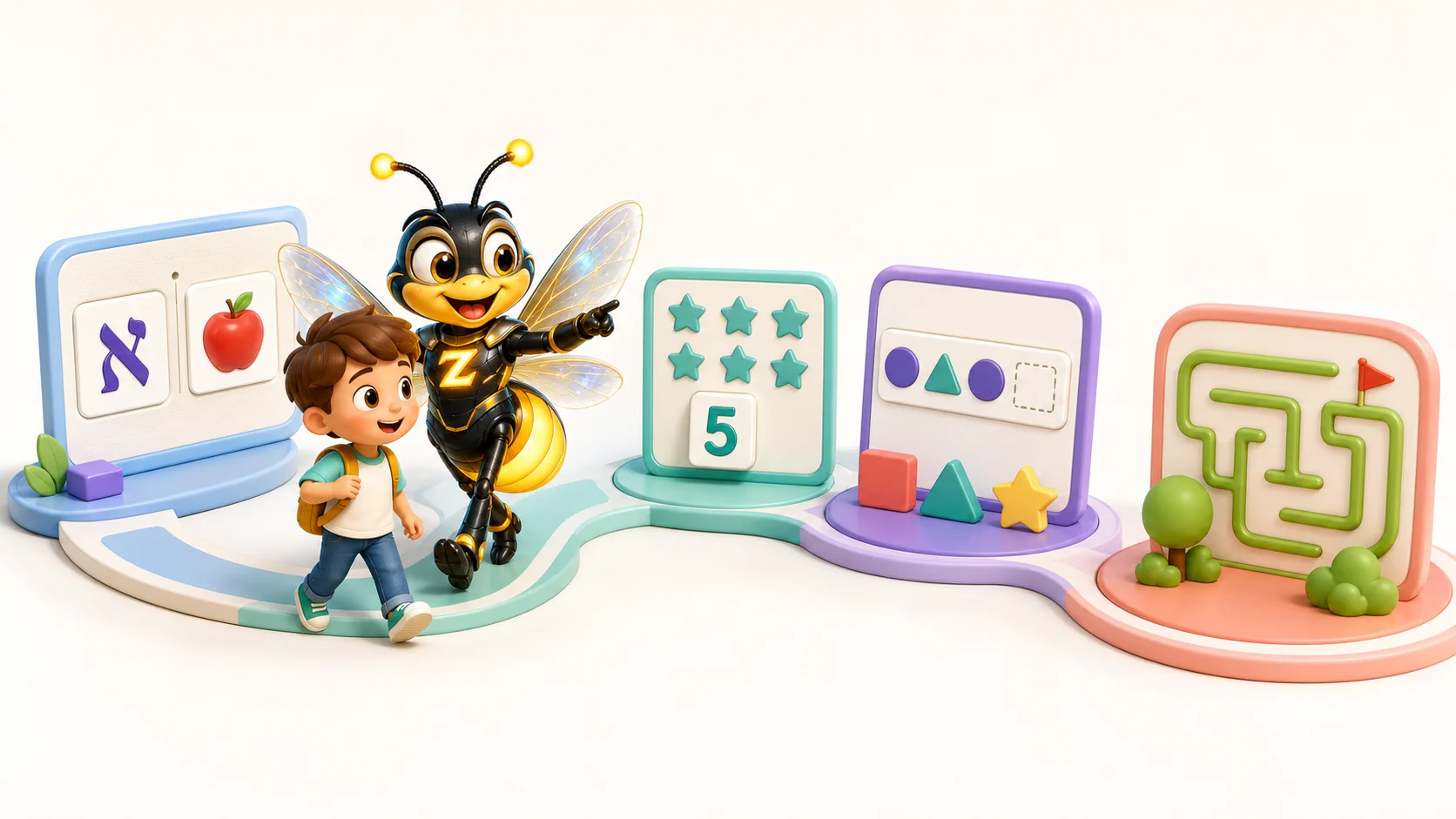 ילד בגיל 5 עד 7 מתקדם עם Zivaro בין אותיות, מספרים, רצפים ומבוך