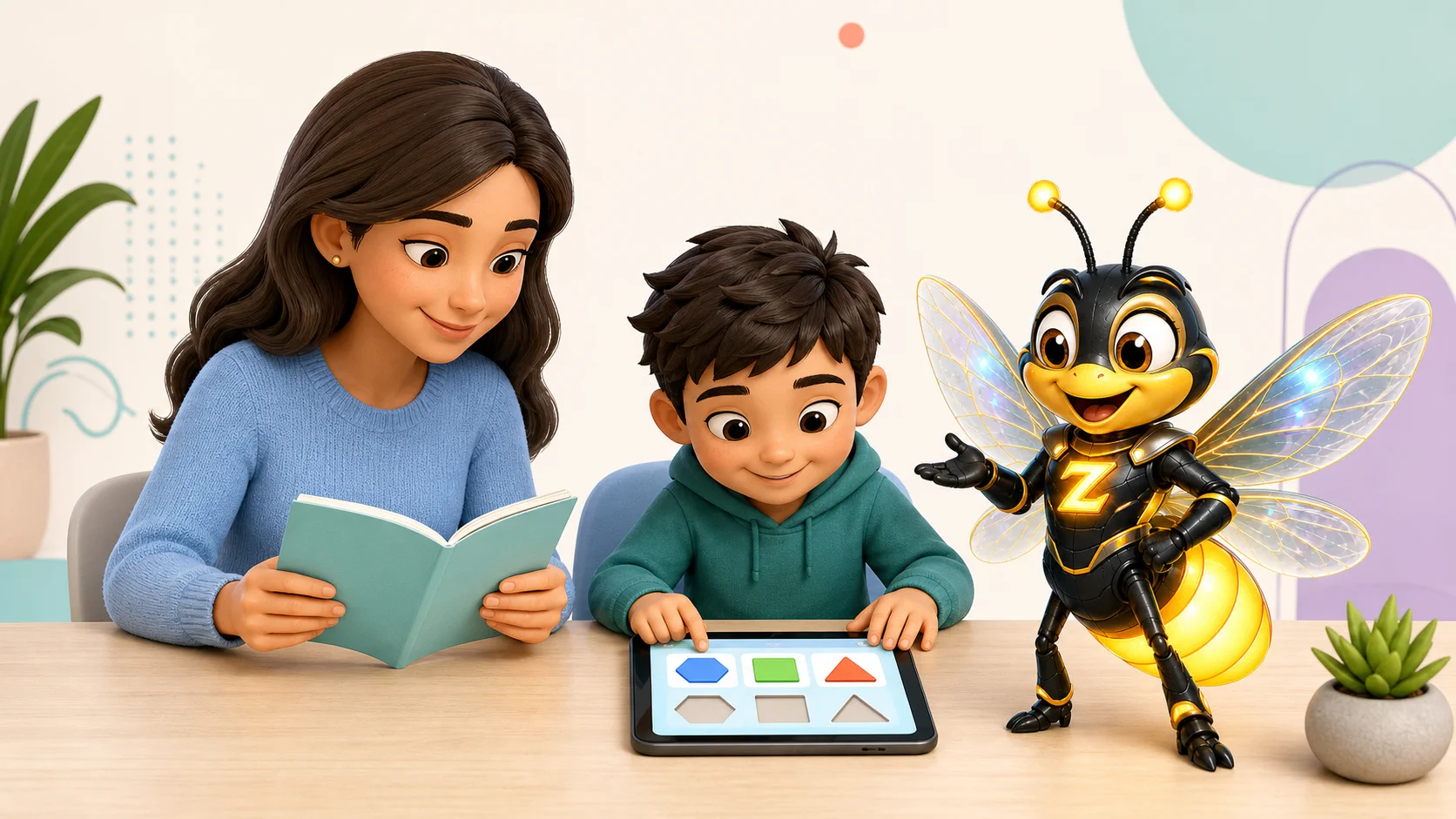 הורה קורא מדריך קצר בזמן שהילד מנסה פעילות מתאימה לצד Zivaro